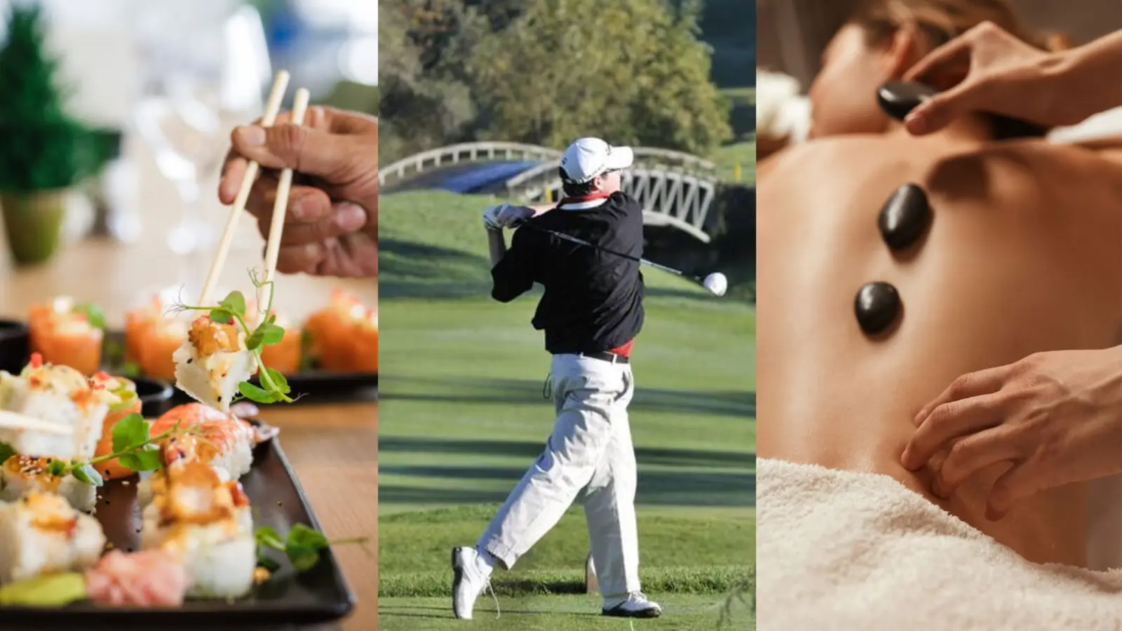 Three-panel image showing fine dining, a golfer mid-swing on the fairway, and a hot stone spa treatment at De Zalze Winelands Golf Estate, Stellenbosch