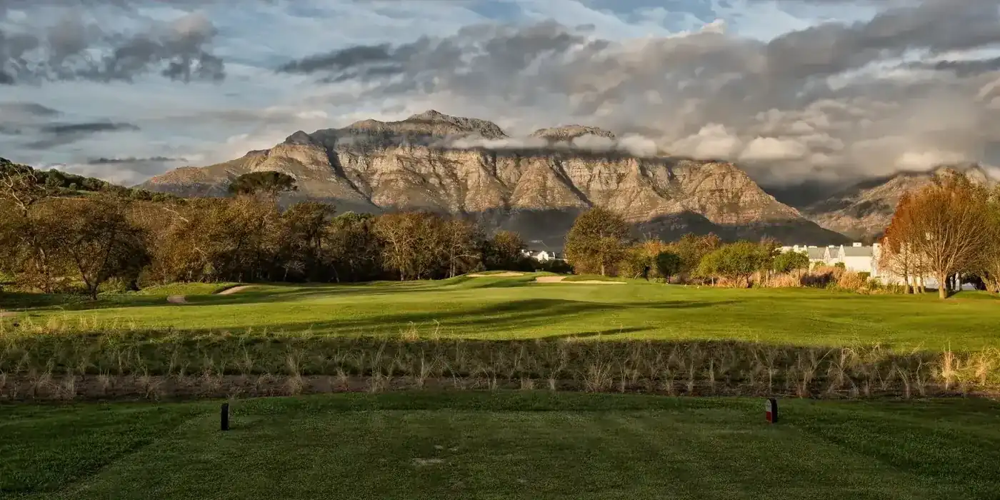 Championship golf fairway with mountain views at De Zalze