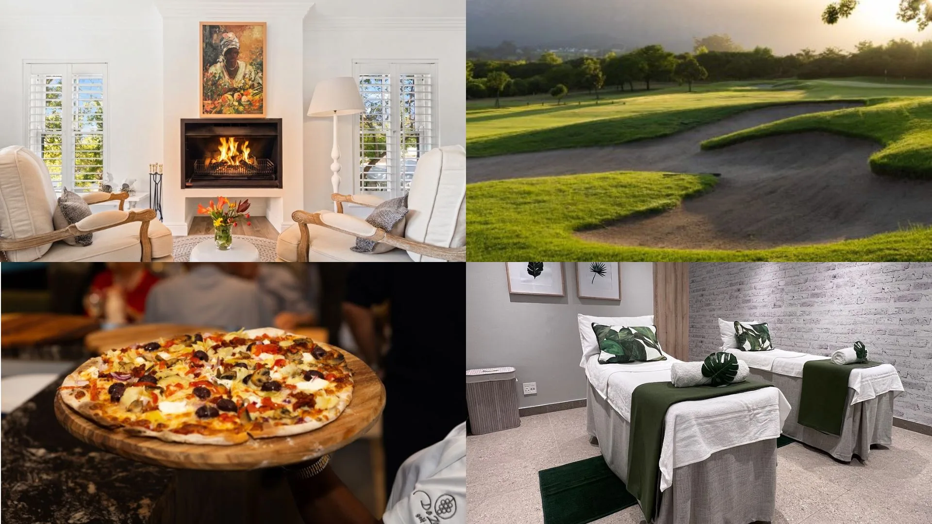 Collage of a De Zalze weekend showing fireplace, fairway, dining and spa